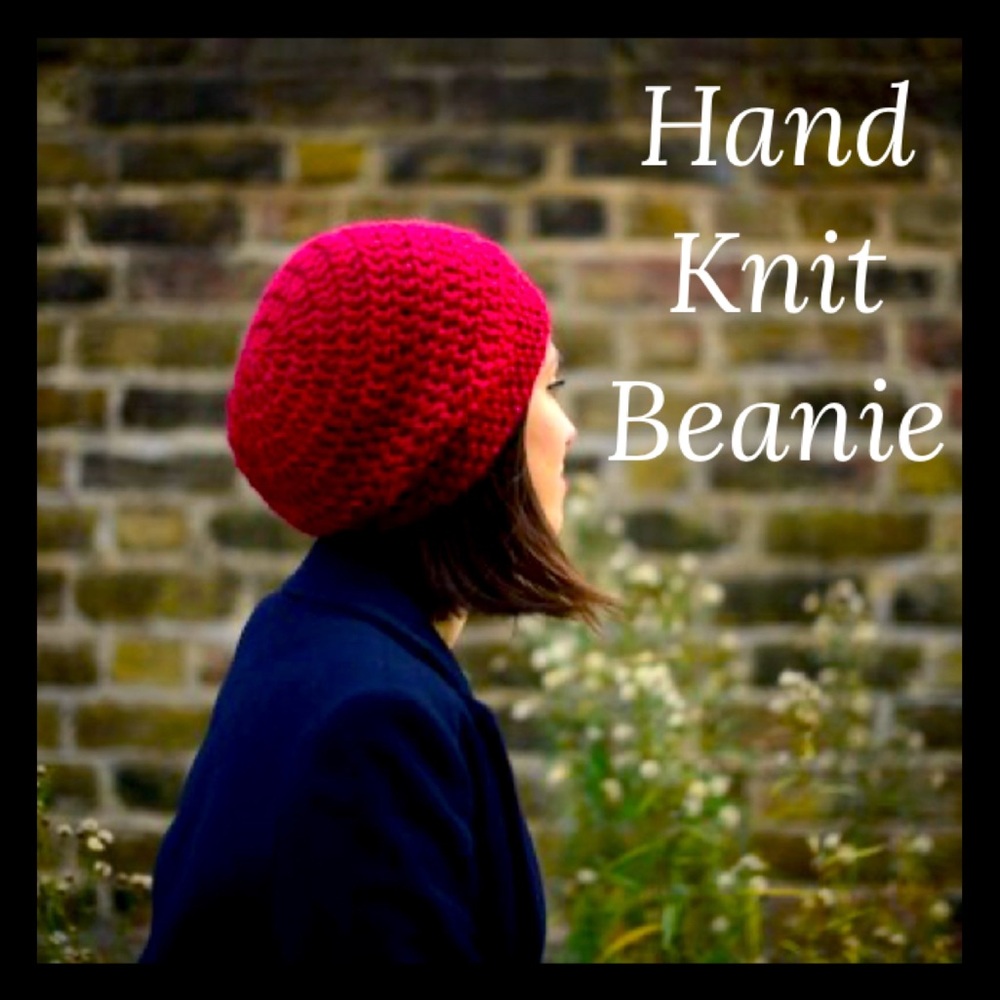 Hand Knit Beanie Warm Winter Hat Handmade Handcrafted Chunky Red Womens One Size